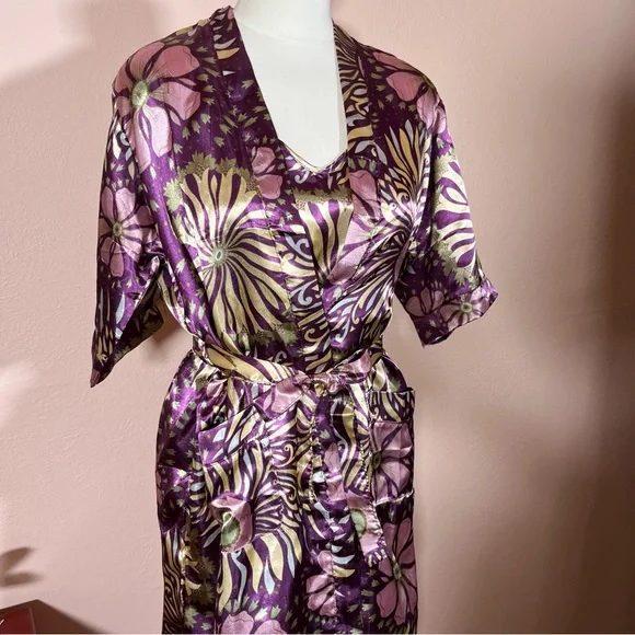 Vintage retro Asian floral royal purple green satin mini slip dress Robe set - Picture 8 of 16